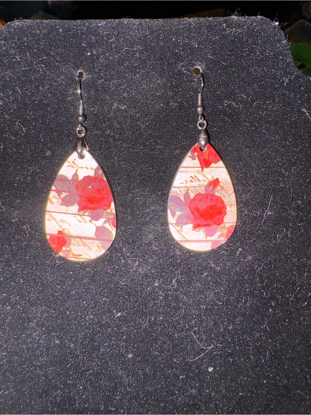 Floral Red Teardrop Wooden Dangle Earrings - Unbranded
